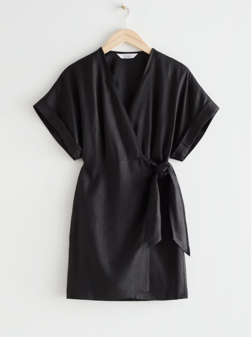 & Other Stories Black 100% Linen Wrap Mini Dress Short Sleeve Size